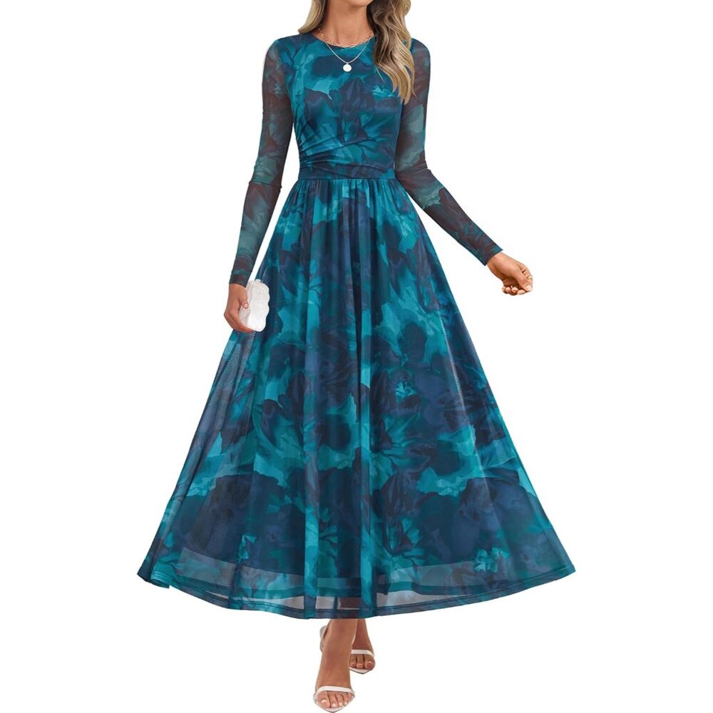 Women's Floral Mesh Maxi Dress Long Sleeve Crewneck Ruched For Party Casual